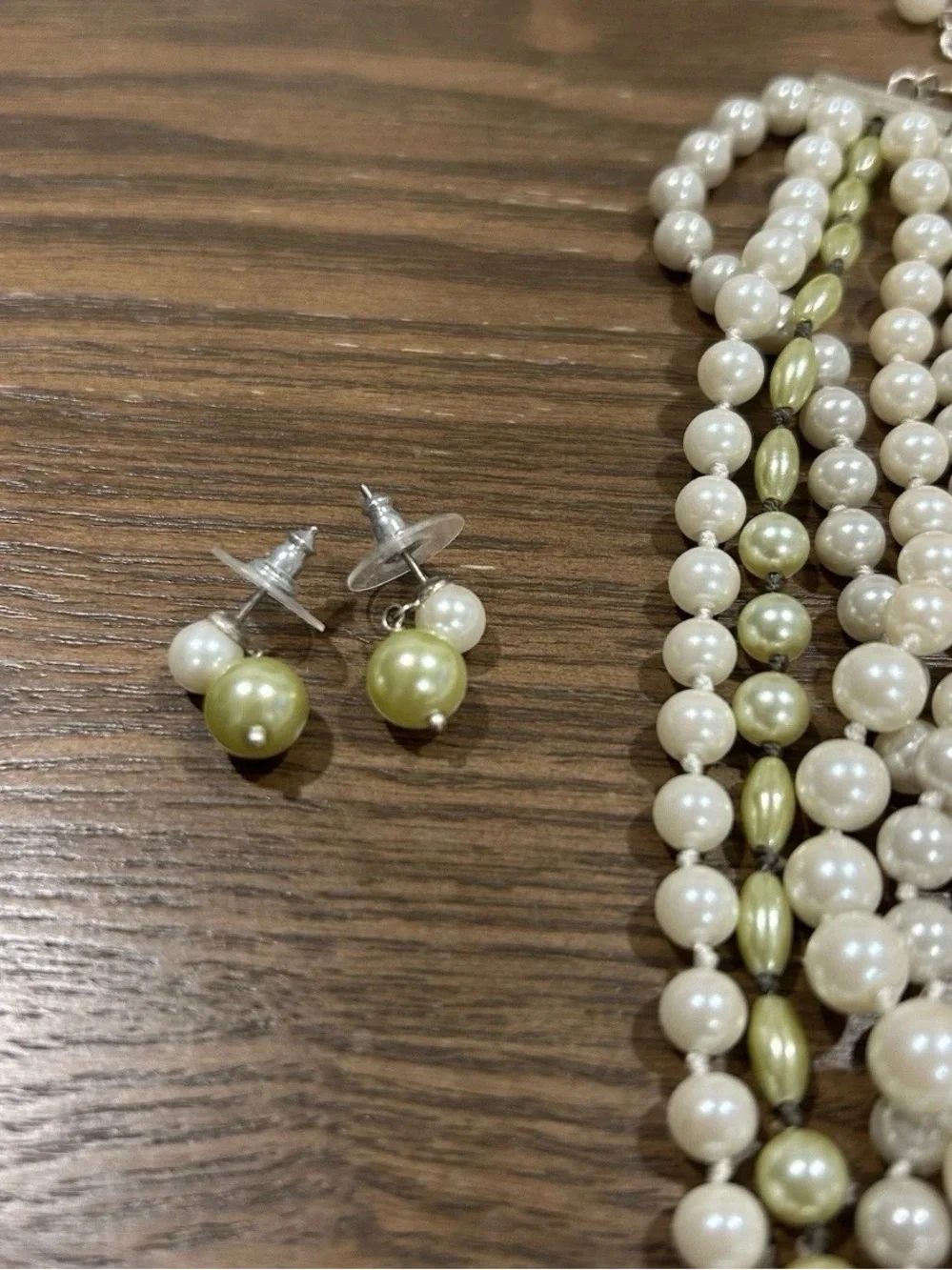 Faux Pearl Matching 5 Strand Necklace 16-18 & Earring Set Silver Tone